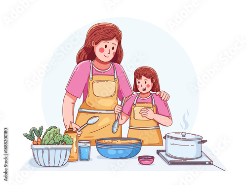Illustration of a mother and her daughter cooking together happily in the kitchen. Wearing aprons, they prepare and stir bread dough.