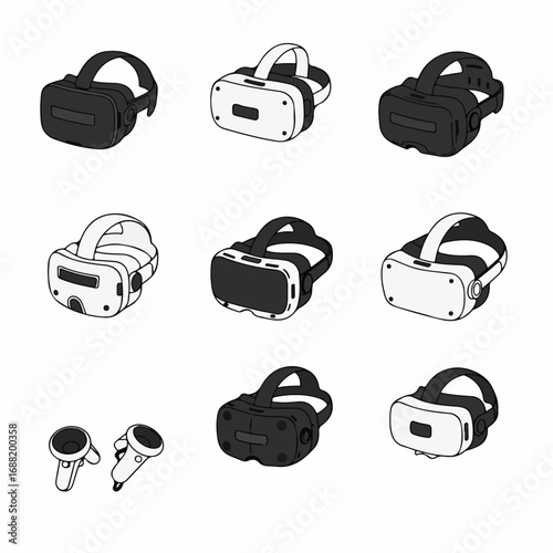 A collection of various virtual reality headsets and controllers in a simple, outlined, black and white illustration style, suitable for technology and gaming concepts.