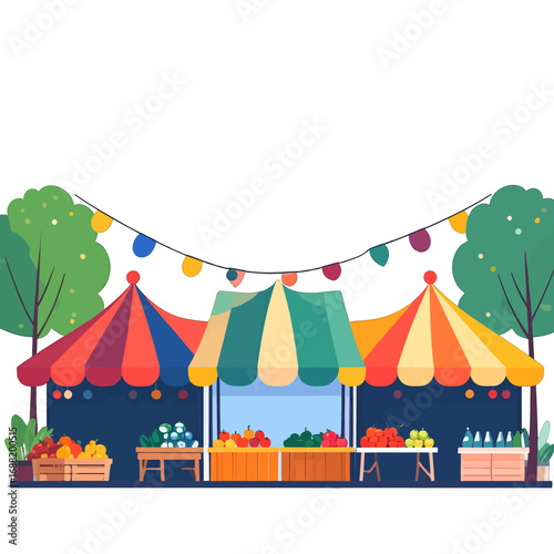 Colorful Pixel Art Market Stalls with Fruits and Vegetables Under String Lights with Trees on White Background