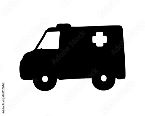 Black and white drawing of a simplistic ambulance on a white background