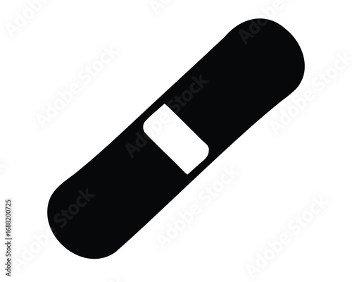 Illustration of a black adhesive bandage with a white pad in the center