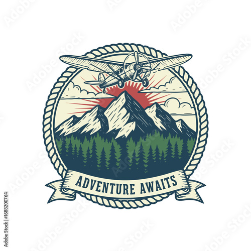 Vintage illustration of a plane flying over mountains with the words "Adventure Awaits.".