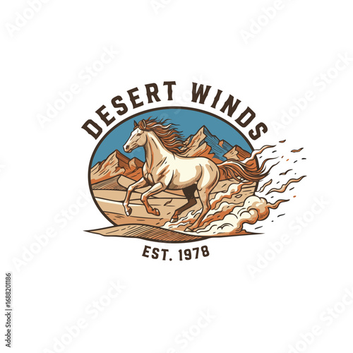 A desert landscape with a horse running amidst dust and mountains.