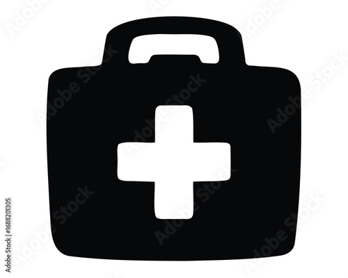 Black and white first aid kit icon for medical assistance and health