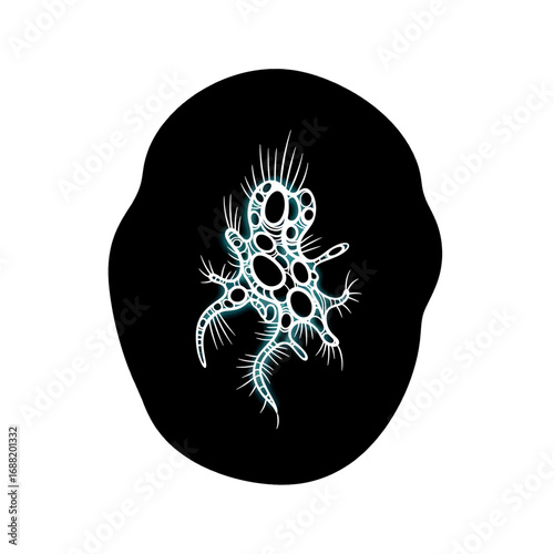 Intricate Cyan and White Abstract Organism Against Black Ovoid Shape with White Outline Graphic Vector Illustration