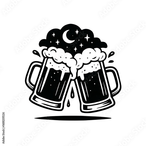 Clinking Beer Mugs with Foam and Night Sky Moon for Oktoberfest, pub, celebration, party, cheers, and drink, vector illustration