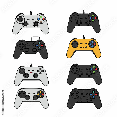 Collection of colorful video game controllers in flat design style, featuring various layouts for gaming technology and digital entertainment concepts.
