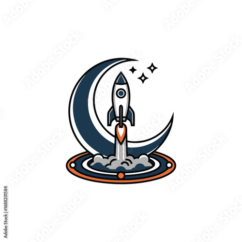 A stylized rocket launching past a crescent moon with stars.