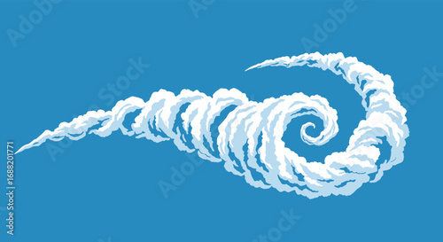 Dramatic airplane contrail against clear blue sky creates striking visual impact for aviation and weather themes