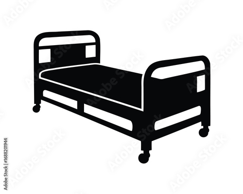 Black and white silhouette illustration of a hospital bed with wheels