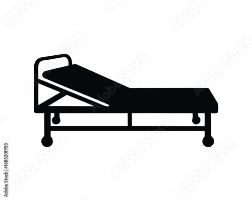 Isolated silhouette illustration of a hospital bed with adjustable back and wheels