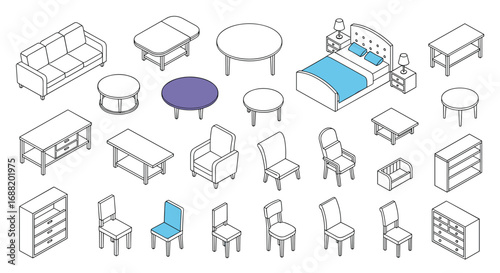 Isometric furniture set for interior design projects offers versatility and a modern aesthetic for your home decor needs