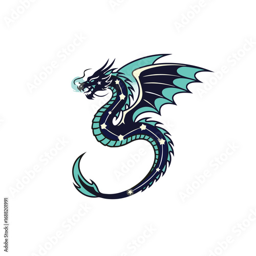 A stylized dark blue dragon with celestial markings and teal wings.