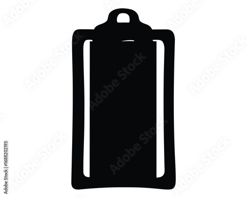 Simple black silhouette of a clipboard with hanging loop on white background