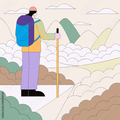 A hiker with a backpack and pole observes a stylized mountain landscape.