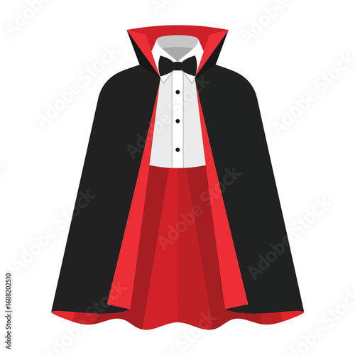 Vampire cape with red lining and bow tie floating on white, evoking halloween and costume party vibes.