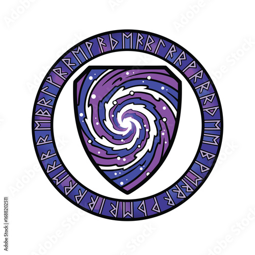 A purple and blue spiral shield surrounded by runes in a circle.