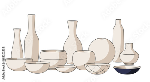 Elegant collection of ceramic bowls and vases ideal for modern minimalist interior design projects