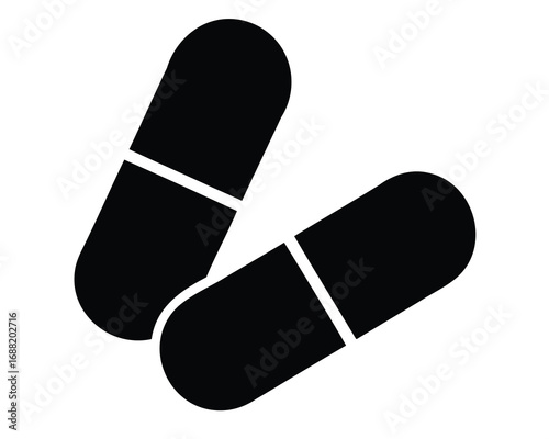 Two black capsules lie side by side on a white background