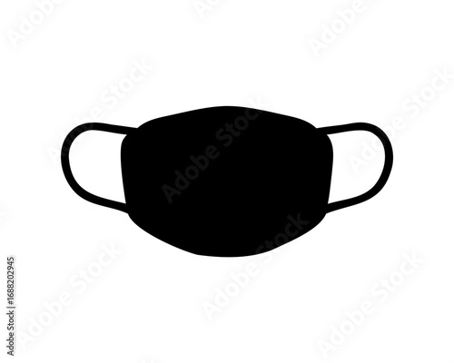 Black silhouette of a simple face mask with ear loops on white