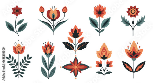 Vibrant folk art floral motifs in warm orange and red tones bring natural beauty to designs