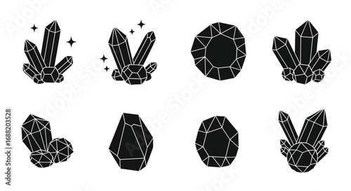 Stunning black crystal cluster icons sparkle with magic and mystery for mystical designs