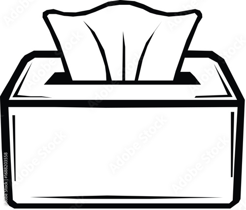 Tissue box outline drawing with single tissue emerging. Vector illustration.