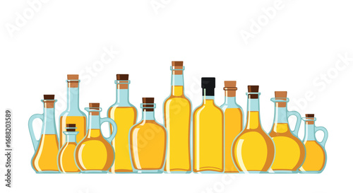 Collection of golden cooking oils in clear glass bottles with cork stoppers, perfect for culinary themes