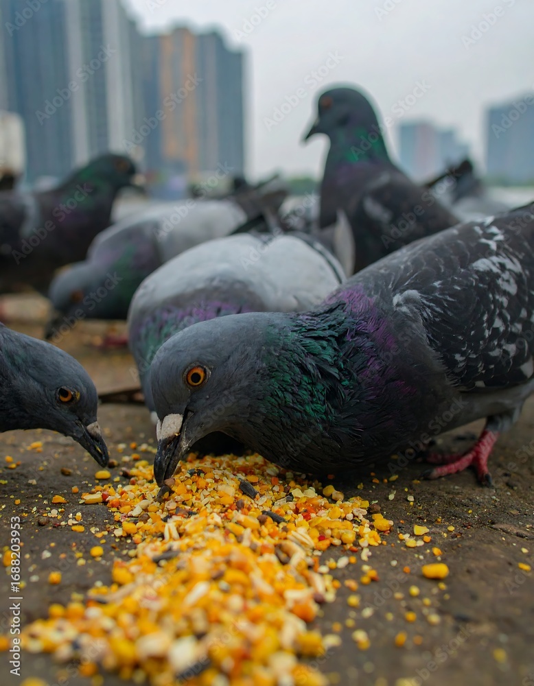 Fototapeta premium Pigeons Feeding in Urban Setting