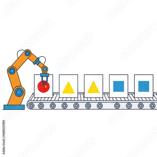 Orange Robotic Arm Placing Red Sphere on Conveyor Belt with Yellow Triangles and Blue Squares on White Background Automation Concept