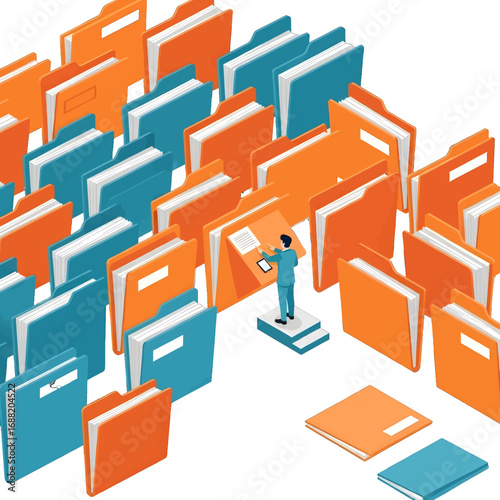 Orange and Teal File Folders with Miniature Figure Standing on Paperwork Documenting Information Organizing Data and Navigating Through Documents