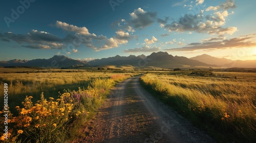 Fototapeta Naklejka Na Ścianę i Meble -  A picturesque dirt road winds through a golden meadow, leading to a majestic mountain range at sunset.