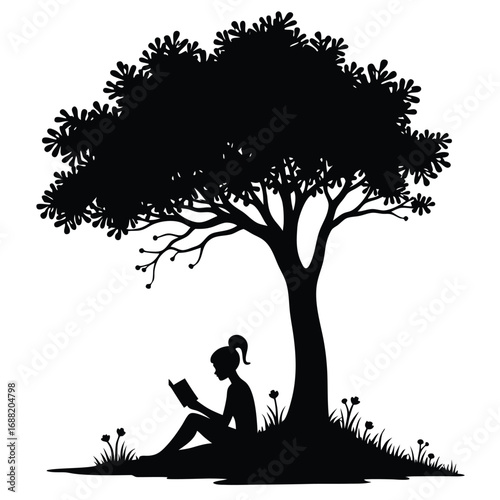 Silhouette of girl reading book under tree vector 1