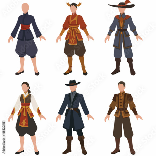 Diverse Stylized Fantasy and Historical Costumes in Flat Design Vector Art Collection