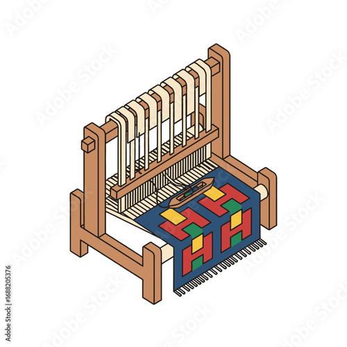 Isometric Loom with Woven Carpet Detail on White Background Crafting and Weaving Concept Handmade Rugs with Geometric Shapes and Tassels Traditional Textile