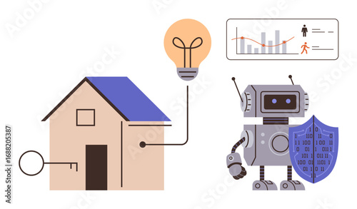 House with connected light bulb and key, robot with a digital shield, and data panel highlighting security and analytics. Ideal for smart technology, home automation, AI usage, cybersecurity, energy