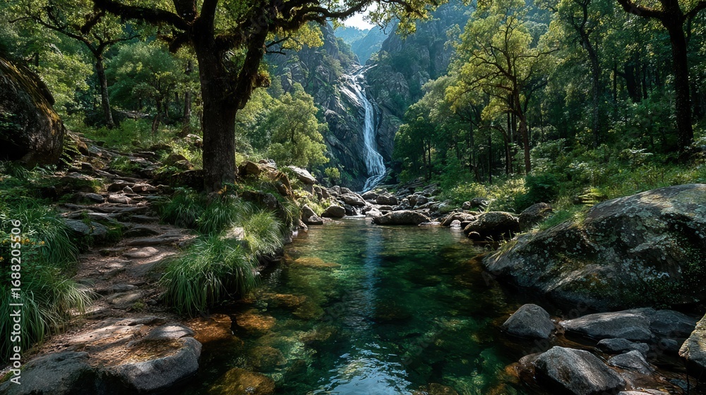 Obraz premium waterfall in untouched rainforest with pool reflecting greenery, mist and soft light creating magical mood