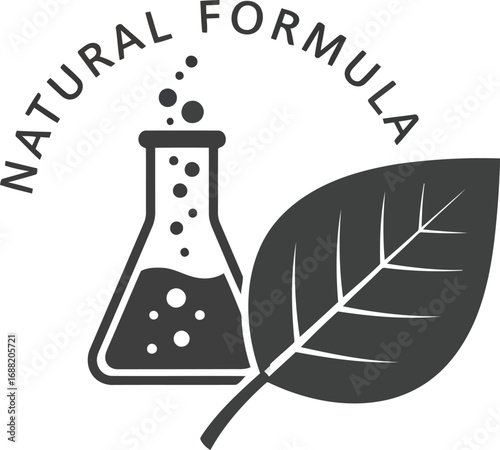 Natural formula laboratory flask and leaf icon for organic product branding and eco-friendly science vector