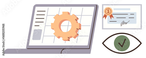 Laptop displaying a gear over a table, certificate with a ribbon, and eye with a check mark. Ideal for certification, data management, online learning, validation, quality assurance, productivity