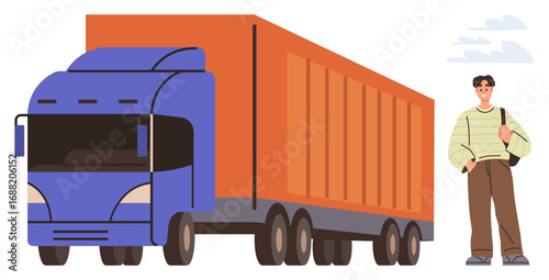 Freight truck with a driver holding a bag, conveying logistics, transportation, and freight. Ideal for shipping, trucking, logistics, delivery supply chain freight and cargo themes. Minimal flat