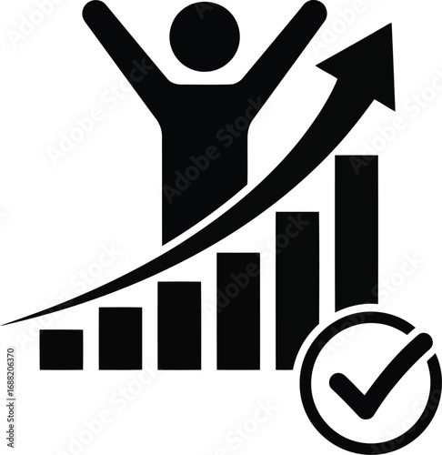 Happy business person celebrating financial growth success with upward arrow and checkmark icon concept for achievement vector
