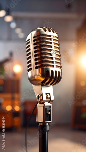 Vintage microphone in a dimly lit room