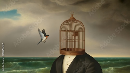 Surreal escape concept with bird flying to freedom from cage headed man by sea