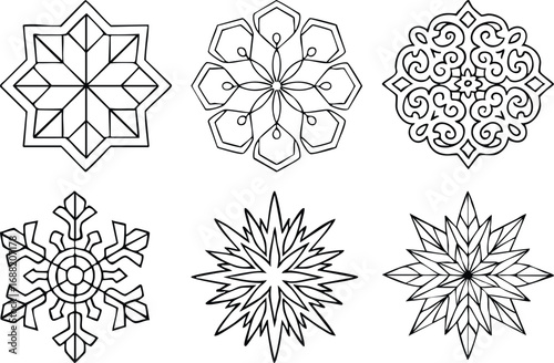 Six unique snowflake mandalas coloring page designs for winter fun white background