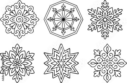 Six unique intricate snowflake mandala designs for creative coloring fun white background