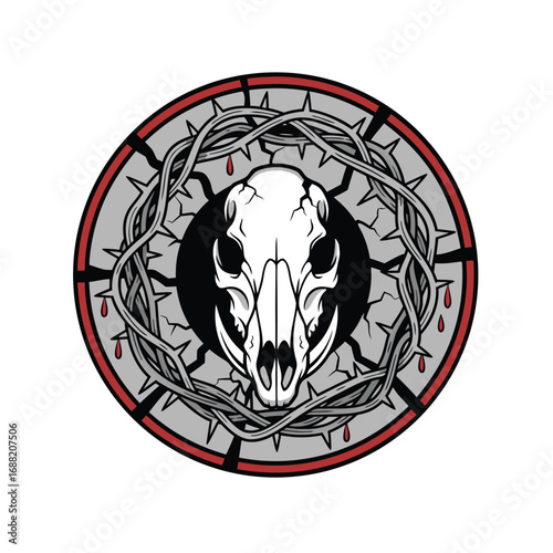 A cracked skull entwined with thorny branches and dripping blood.
