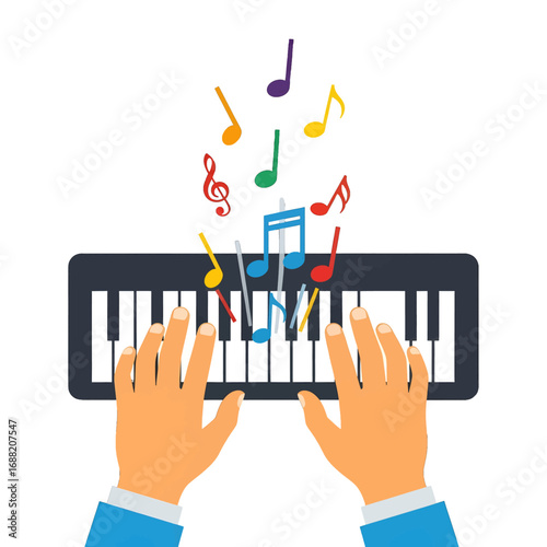 Hands Playing Piano Keyboard with Colorful Musical Notes on White Background Music and Entertainment Vector Illustration Style Flat Design