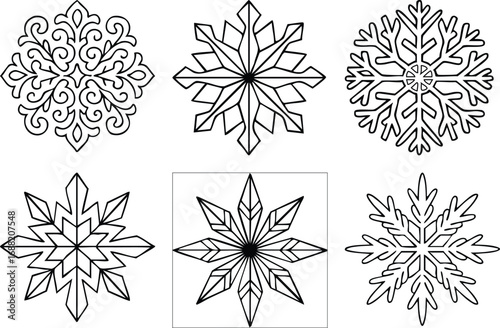Six intricate snowflake mandala designs for winter coloring pages and festive crafts white background