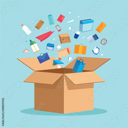Open cardboard box erupting with various colorful items, suggesting surprise or a variety of contents.