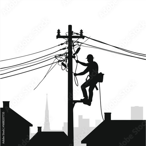 Silhouette of lineman working on power pole with city skyline